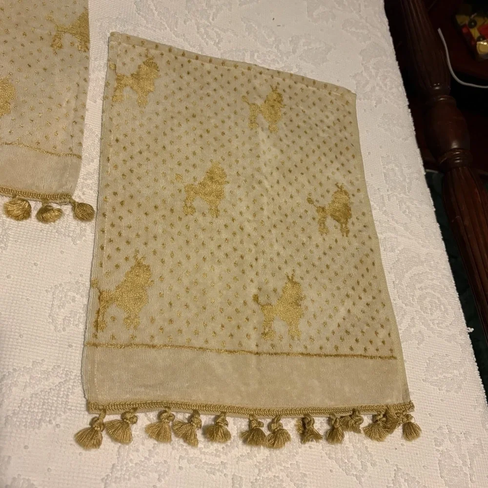 Poodle‎ Hand Towels Gold Cream All Over Print Fancy VTG 3 Fringed
